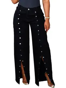 Women's High-Strength Metal Buckle Jeans, Detachable Leg Panels, Slim Fit Straight Tube, Mid-Waist, Street Party Music Festival Style