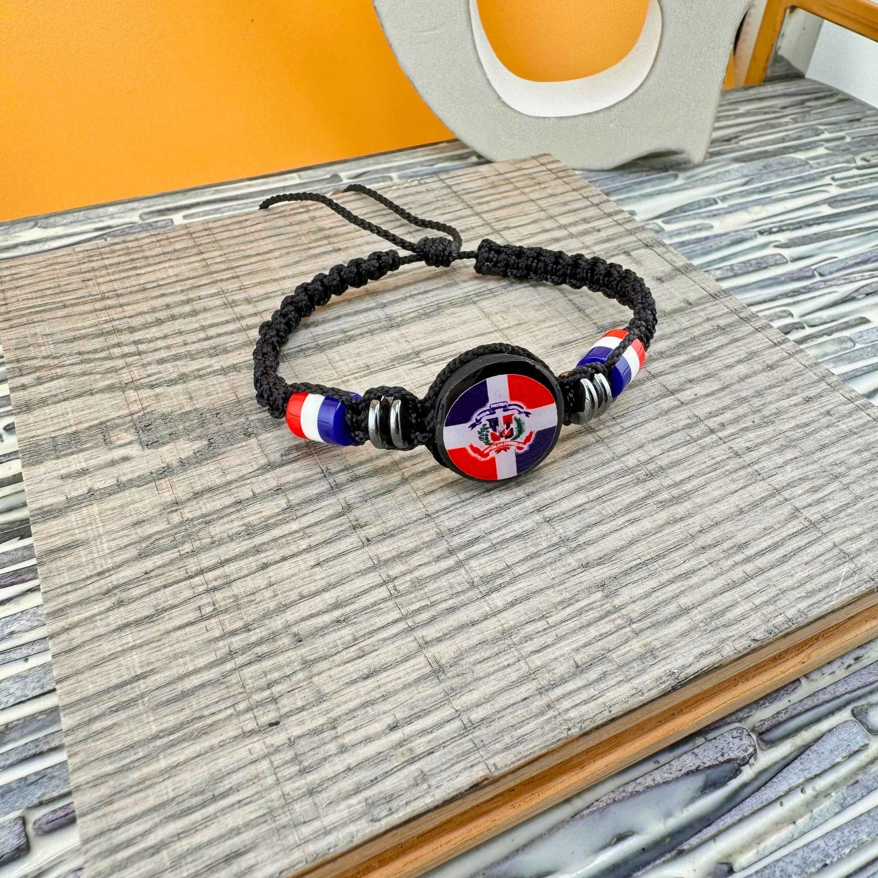 Dominican Republic Flag Bracelet Handcrafted Macrame Cord Adjustable Gemstone Beads Unisex Gift Various Colors