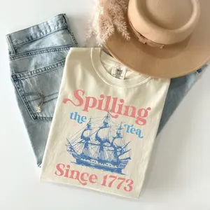 Comfort Colors Spilling The Tea Since 1773 USA Patriotic Vintage Graphic Tee, 4th Of July Party Tshirt, Women Oversized Tshirt Summer Outfits Trendy Sun Tee