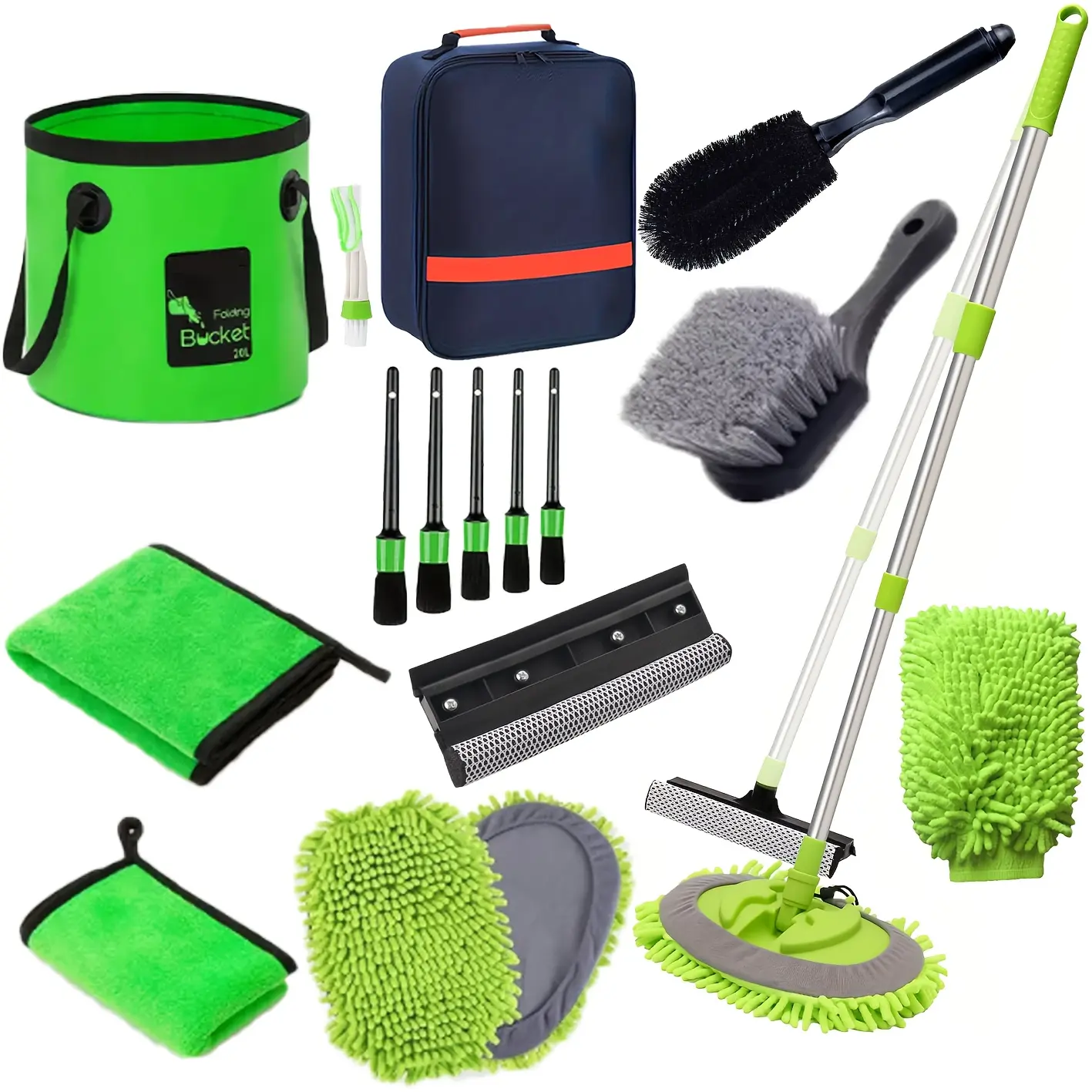 17Pcs Complete Car Wash Kit, 62-Inch Long Handle Microfiber Mop With Collapsible Bucket, Window Squeegee, Detailing Brushes, Tire Brush And Towels For Cars, SUVs, Trucks & RVs