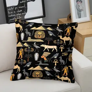Ancient Egyptian Themed Throw Pillow with Digital Print, 45cm Square with Inner Cushion, Featuring Iconic Landmarks, Deities, and Sacred Symbols, Luxurious Black Background, Perfect for Living Room & Bedroom Decor, Soft and Stylish Accent Piece