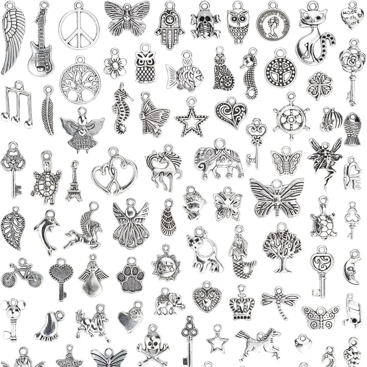 100 PCS Silver Charms and Pendants Bulk Lots - Smooth Tibetan Silver Metal Charm for DIY Necklace, Bracelet Jewelry Making and Crafting