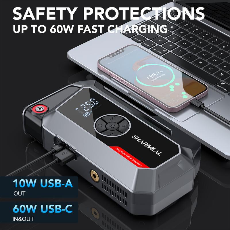 6000A Portable Car Jump Starter with Air Compressor 12V Battery Jump Starter Power Pack Tire Inflator with Extended Smart Jumper Cables for All Gas & up to 10.0L Diesel Engines