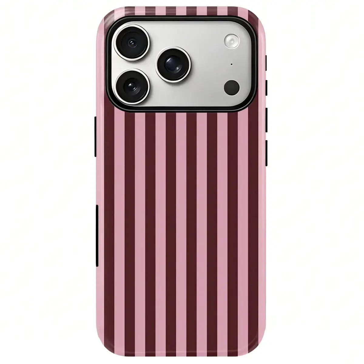 Striped Pattern Pink Burgundy Vertical Stripe Print Phone Case, Heavy Duty Shockproof 2in1 Protective Cover for iPhone 17 16 15 14 13 12 11 Pro Max Series Holiday Gift Minimalist Fashionable Case