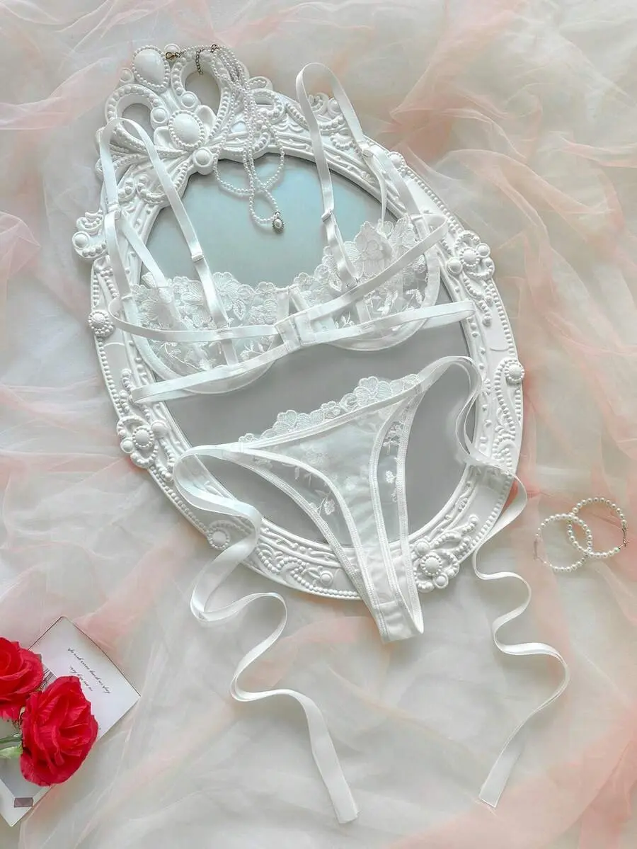 Women's Sky Blue Embroidered Lingerie Set - Floral Lace-Up Bra & Panty!!!