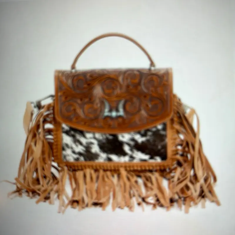 Loyal West Women's Handcrafted Boho Crossbody Bag, Medium Flap Handtooled Leather Satchel with Floris Pattern, Cowhide and Fringe Detail, Boho Style Handbag, Leather Handbags, Casual Handbag Satchel