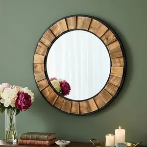 Round Wall Mirror with Wood & Metal Frame - Modern Farmhouse Decorative Accent for Entryway Bathroom Hallway & Living Room Wooden