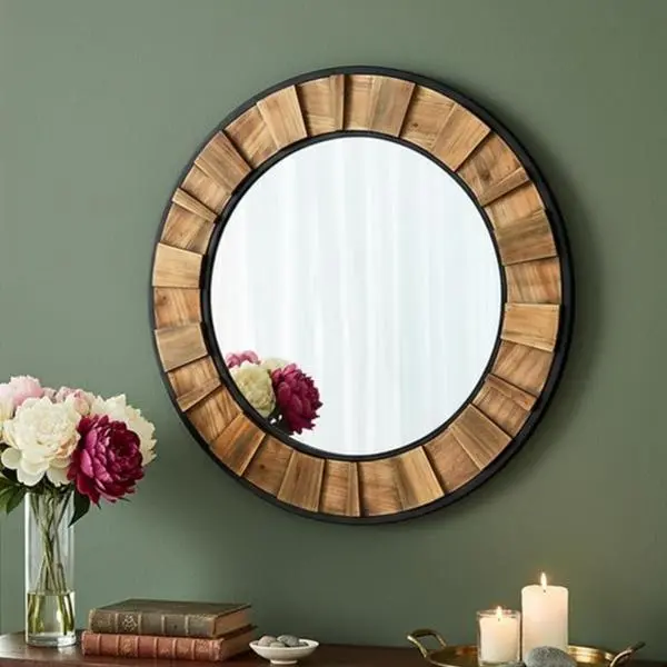 Rustic Round Wall Mirror with Wood-Metal Frame - Modern Farmhouse Room Decor Accent for Entryway, Bathroom Rustic Round Wall Mirror with Wood-Metal Frame - Modern Farmhouse Room Decor Accent for Entryway, Bathroom