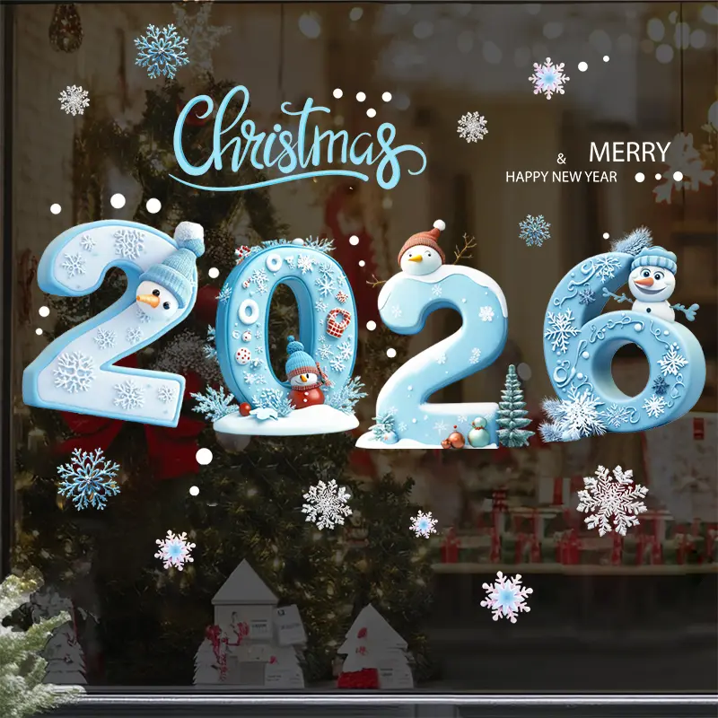 2026 Christmas New Year Festive Decorative Window Clings - 2-Sheet Waterproof Flat Stickers, Light Blue Snowflake Ice, DIY Double-Sided Letters & Figure Designs, Easy to Apply Indoor Office Window & Glass Door Decor, 2 Sheets Blue-Snowman