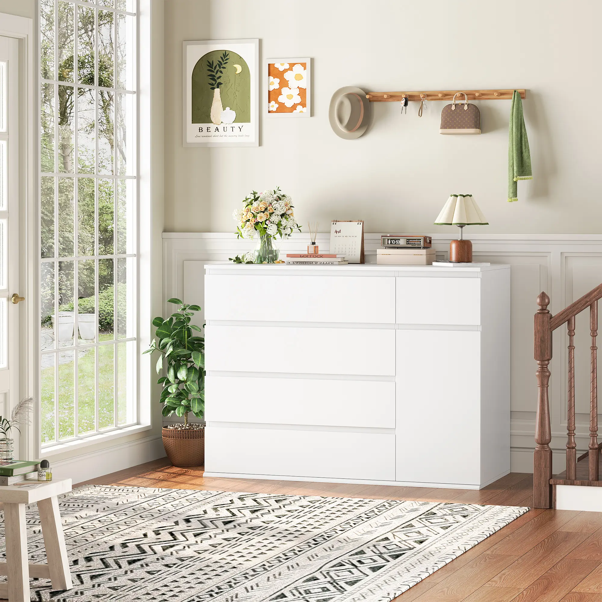 FOTOSOK 5 Drawer Dresser, Black Dresser for TV Stand, Double Wide Storage  Chest of Drawers with Door, Deep Drawers and Wide Storage Space - TikTok  Shop
