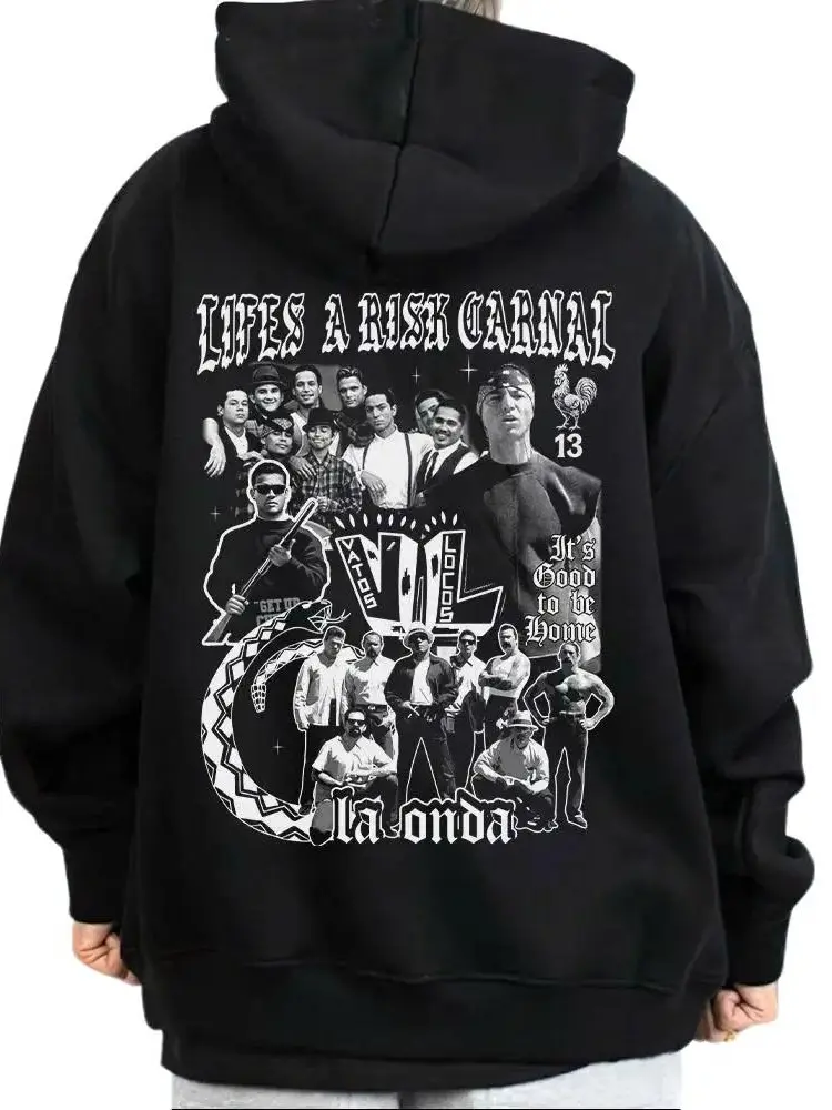 'Life's a Risk Carnal' Graphic Hoodie, Blood In Blood Out Casual Menswear, Chicano Style Streetwear Sweatshirt