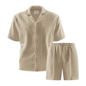 Men's Olive Green Textured 2-Piece Outfit, Cuban Collar Button-Down Shirt & Elastic Waist Shorts, Breathable Fabric, Casual Summer Set, Comfortable & Stylish, Ideal for Beach, Daily Wear, All-Day Comfort.