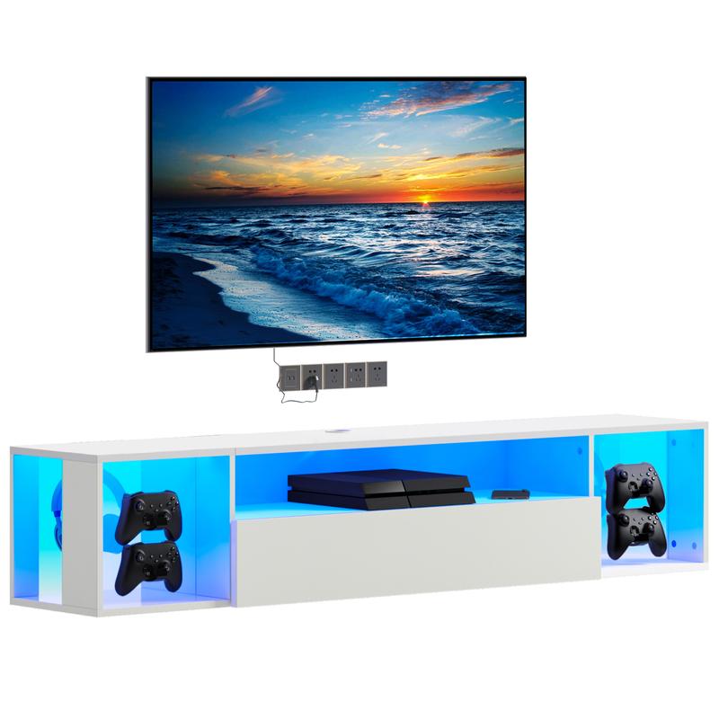 Soges 55" Floating TV Stand with LED Lights, Wall Mounted Entertainment Centre with 2 Headphone & 4 Gaming Handle Hooks, Modern Space Saving Media Console TV Shelf with Storage for Living Room Bedroom