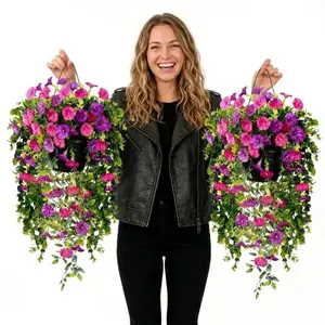 Set of 4 Realistic Artificial Ivy and Flower Vines - UV-resistant artificial hanging greenery and flowers, suitable for porch landscaping, decorative foliage and holiday decorations. Ideal for house, gardens. Includes container