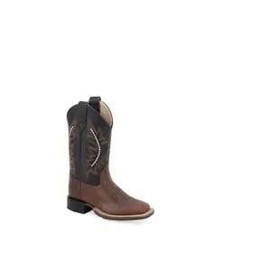 Old West Youth Unisex Broad Square Toe Black/Brown Leather Cowboy Boots