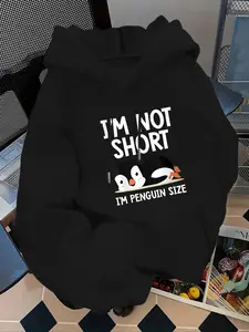 Women's Fashion Hoodie Letter & Penguin Print Kangaroo Pocket, Long Sleeve Casual Sweatshirt for Fall & Winter, Daily Wear