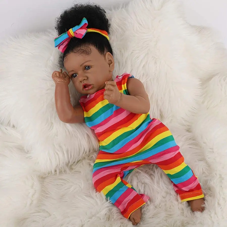 20-Inch Lifelike Realistic Newborn Reborn Girl Doll, Handmade Vinyl Head & Limbs, Cloth Weight Body, Poseable Soft Doll with Rainbow Outfit, Gift for Kids 3+ & Reborn Collectors Girl Black Dolls Blackish Soft Cuddly Gift