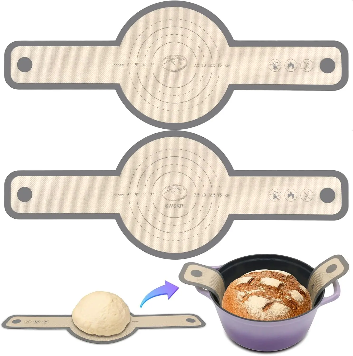 Bread Sling for Dutch Oven, 2 Pack 8.3" Non-Stick & Odor-Free Baking Mat Set, Anti-slip  Bread Sling with Long Handle, Edge Sealing Design, Essential Sourdough Baking Supplies