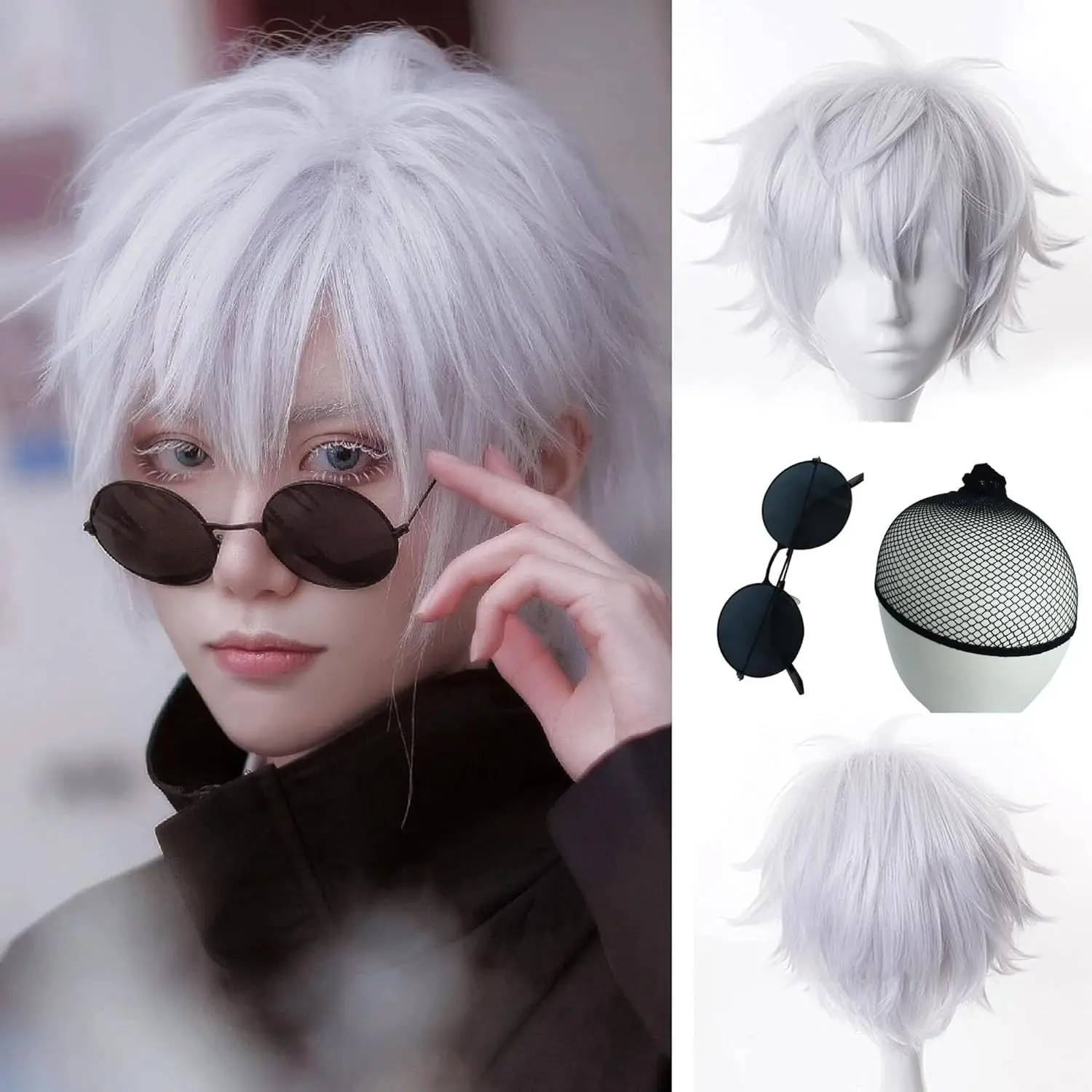 Satoru Gojo Cosplay Wig (Jujutsu Kaisen) – White, Natural & Breathable, Heat-Resistant Synthetic Fiber, Short Men's Style