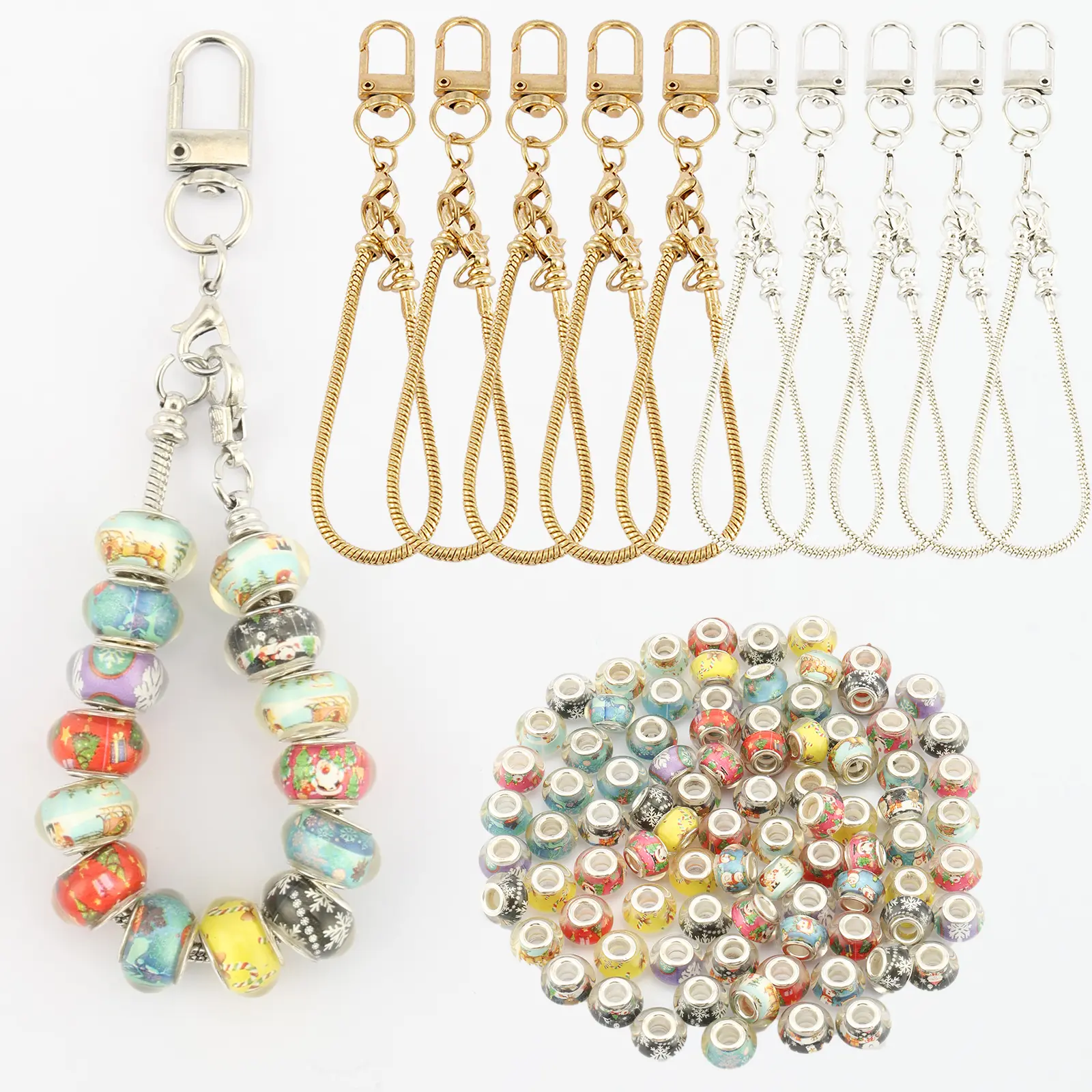 70 sets of keychain Christmas bead kits, keychains with Christmas beads, creative DIY keychains, suitable for handmade bag hangers, mobile phone chains, and an ideal choice for New Year gifts.