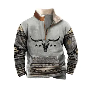 Mens Cowboy Sweatshirt Vintage Enthic Print Western Aztec Sweatshirt Casual Long Sleeve 1/4 Zip Fleece Pullover Classic Fashion Cotton Menswear