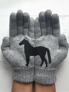 Women's Knitted Fashion Gloves, Autumn Winter Outdoor Warm Anti-Cold Small Horse Print Fun Separated Fingers Gloves