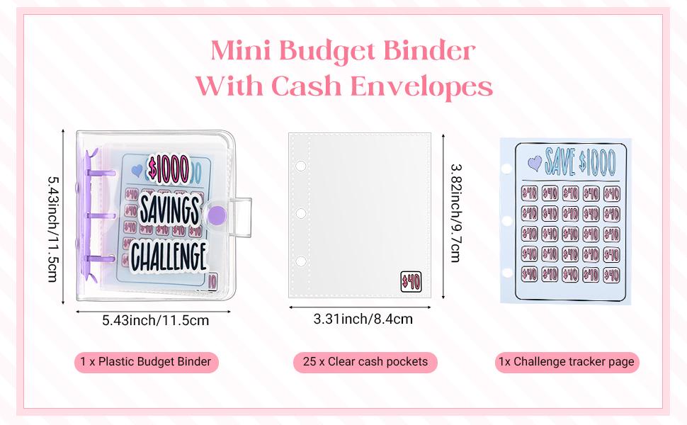 Mini Money Savings Binder, $1000 Savings Challenge Book with 25 Cash Envelopes, Reusable Portable Budget Binder for Family