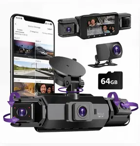 4-Channel Dash Cam with 360° Panoramic View. Four lenses (front, rear, left, right) record simultaneously. 3-inch display, built-in WiFi, 64GB memory card. Features clear night vision and HDR technology, designed specifically for car driving recording.
