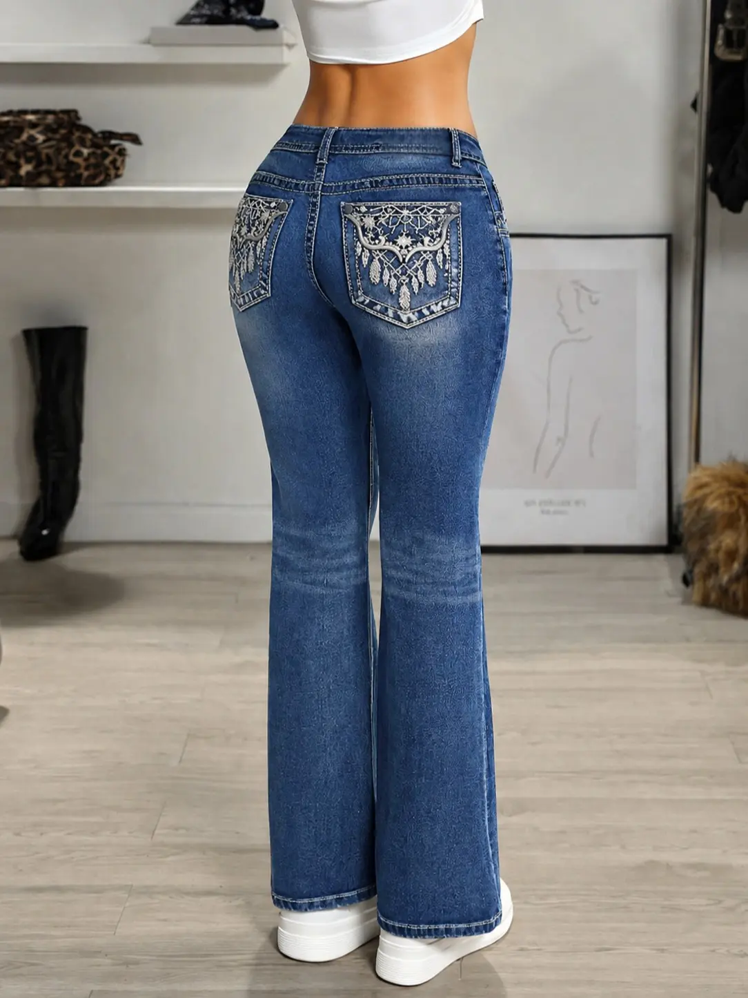 Women's Mid Waist Flare Jeans Slim Fit Embroidered Back Pocket Bootcut Retro Denim Pants