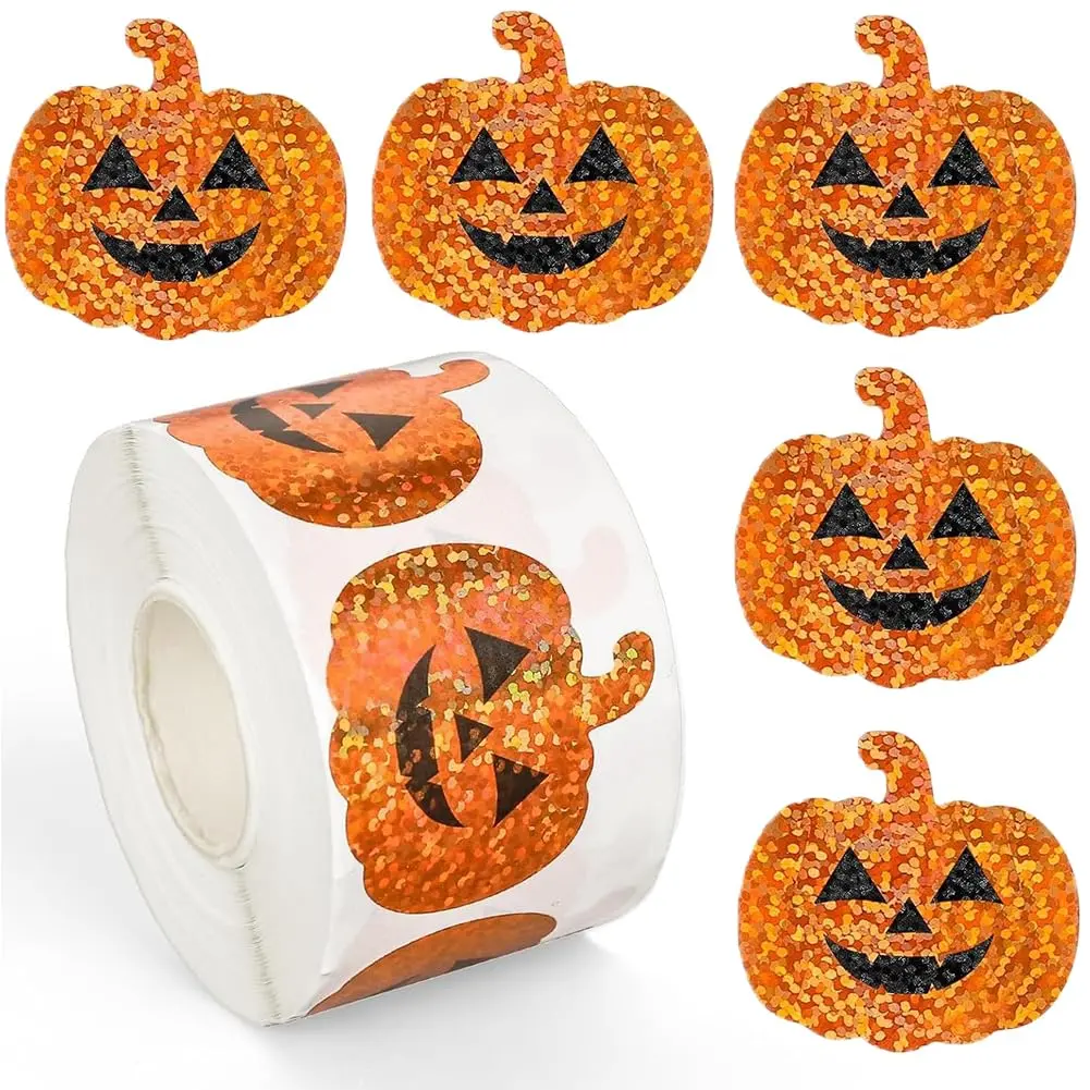 500PCS Festive Decorative PVC Orange Pumpkin Stickers Roll Pack, 1.2in Sparkly Smiling Self-Adhesive Waterproof Office Labels for Envelopes, Scrapbooks, Party Decor