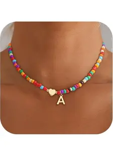 Christmas Gifts for Grandkids Teens Girls - Colorful Beaded Initial Necklace Teen Girl Gifts Trendy Stuff Dainty Letter Choker Necklace Stocking Stuffers for Teen Girls Women Jewelry