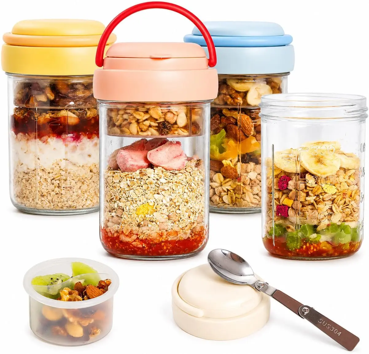 Overnight Oats Containers with Handles & Lids – 16oz Jars with & Fruit Compartments, Chia Pudding Jars with Lids, 4 Sets (, Blue, Yellow, Pink)