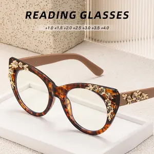 Fashion reading glasses, magnification  1.0 to  4.0 degrees, tortoise shell frames with gold floral decoration - round/rectangular lenses for books, mobile phones, computers, TV