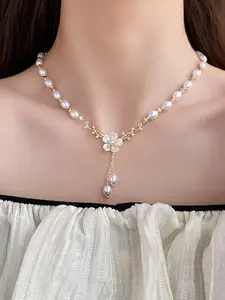 Elegant Zircon Flower Tassel Pearl Necklace, Sweet and Stylish Clavicle Chain, Fashion Luxury Faux Pearl Jewelry for Women, Perfect Gift for Parties
