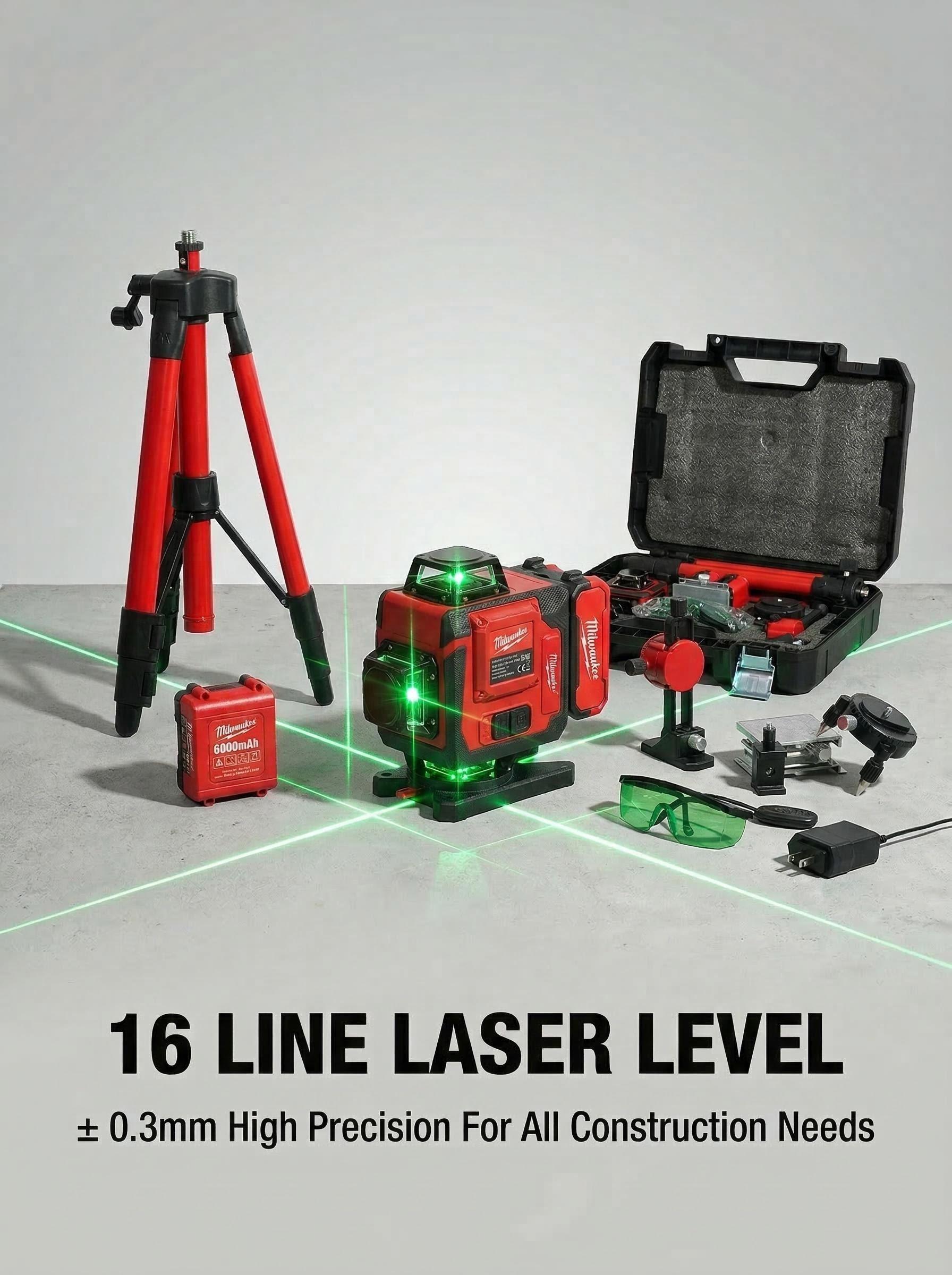 Milwaukee 16 Line Laser Level Kit For Construction Layout And Interior Installation Measuring Tool ±0.3mm Accuracy Dual Power Long Runtime Line Laser Level with Tripod