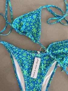 Women's Y2K Style Blue Babe Swimsuit, Vintage Floral Colorblock Tie High Cut Pants Beach Photo