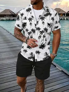 Men's Palm Tree Print Hawaiian Shirt & Shorts Set, White Black Tropical 2-Piece Outfit, Summer Beachwear for Vacation, Holiday #tiktokmademebuyit