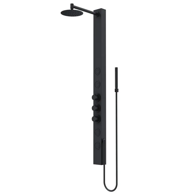 Sutton Matte Black Shower Panel – Circular Rainfall Head, 4 Body Jets, Hand Shower, ThermoControl Valve, EZDivert, 1.8 GPM Spa System