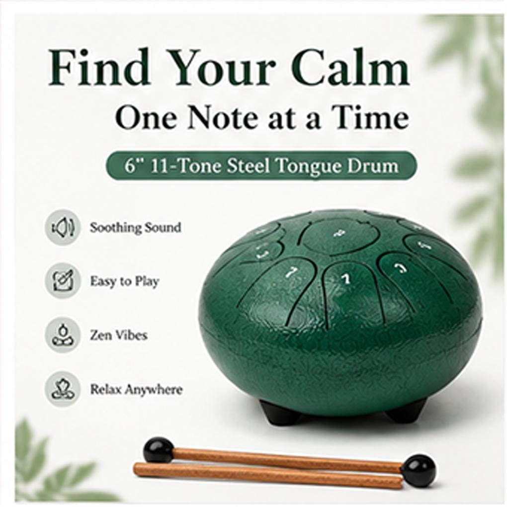 11-Note Steel Tongue Drum in B Major with Carry Bag & Mallets, Meditation Drum for Adults and Beginners, Handpan Style Percussion Instrument for Yoga, Relaxation, Mindfulness and Sound Healing