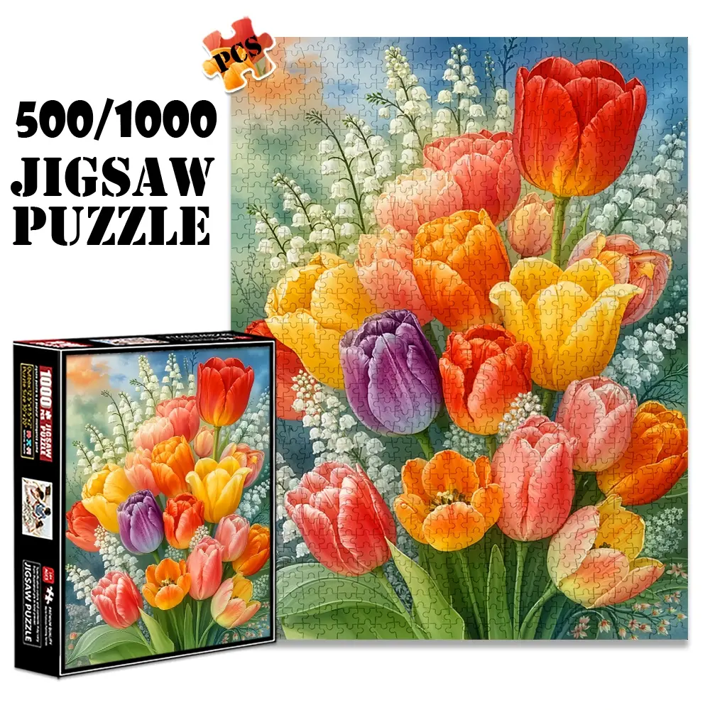 1pc 1000 piece adult puzzle 70x50cm Bouquet of Multicolored Tulips and Lily - of - the - Valley 500 pieces paper jigsaw puzzle Puzzle Art Gift suitable for DIY creative games for adults and families, birthday