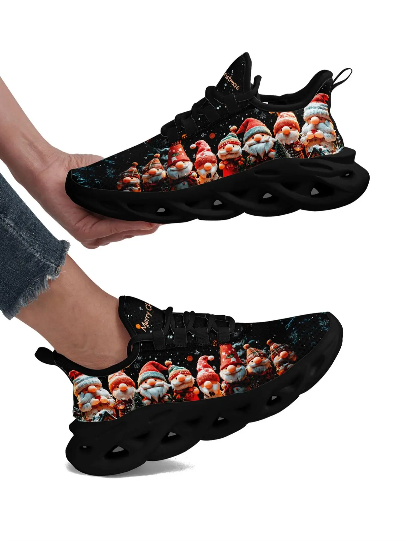 Women's Christmas Gnome Print Lace Up Low Top Graphic Print Sneakers, Lightweight Breathable Comfortable Casual Sports Shoes for Women