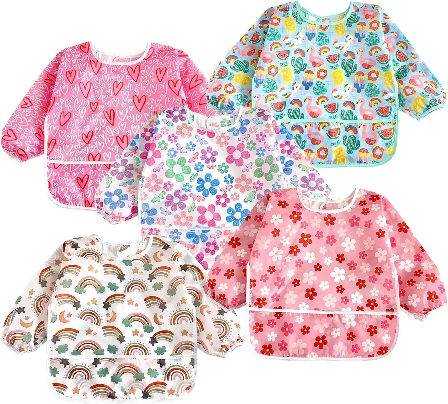 Summer Spring Gift 5 Pack Baby Long Sleeve Bibs| Waterproof Full Sleeve Bib for Baby Infant Toddler 6-36 Months