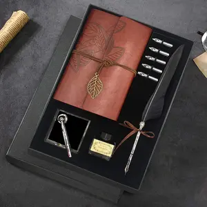 Quill Pen and Ink Set, Antique  Dip Calligraphy Pen Set, including  Pen, 5 Replacement Nibs, Pen Nib Base, Notebook, Ink,  Box,  Gifts for Men Dad (Black)