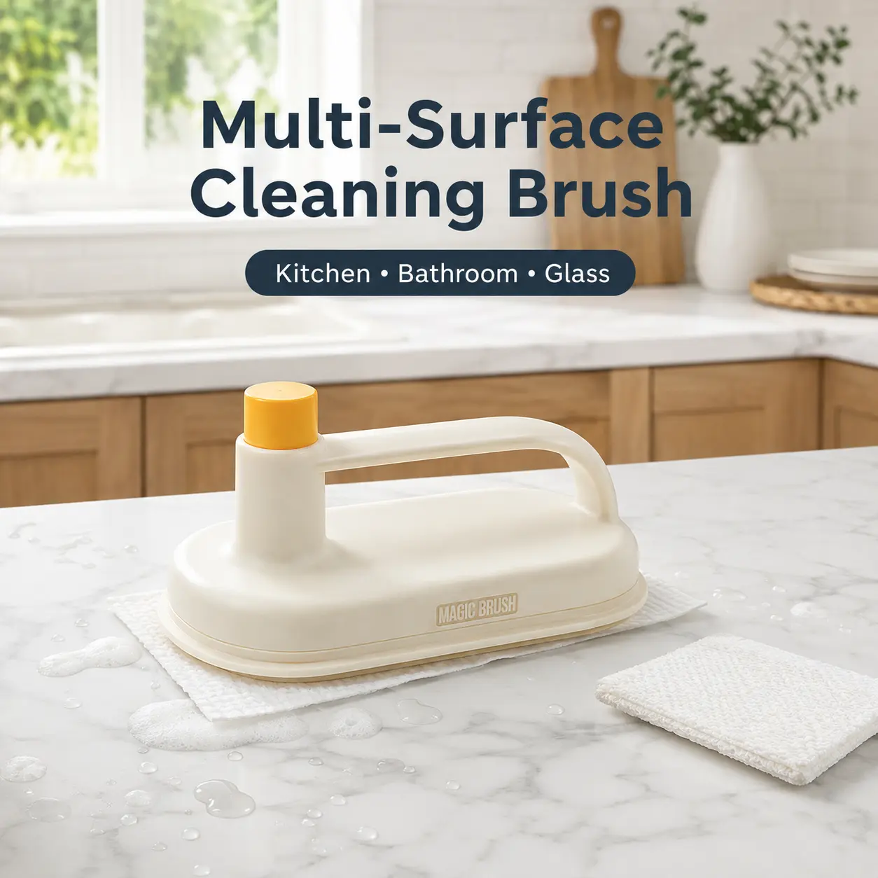 Multi Surface Cleaning Brush with Replaceable Microfiber Pads, Magic Scrubber Tool for Kitchen Countertops, Bathroom, Glass & Home Cleaning, Easy Stain Removal Gadget