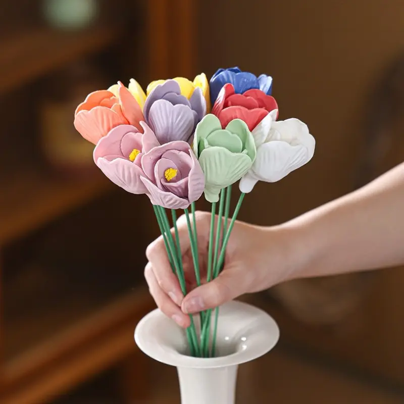 9 Pieces, Mixed Colors, 3D Tulip Handmade Ceramic Flower, Handmade Ceramic Flower: Full of Vitality, Durable, Tulip, Intangible Cultural Heritage Handmade Ceramic Small Bouquet, Tulip Simulation Flower, High-end Living Room Decoration Accessories