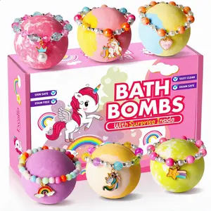 Unicorn Bath Bombs for Kids, 6-Piece Gift Set with Surprise Unicorn Style Bracelets, Non-Toxic and Moisturizing with Shea & Cocoa Butter, Blueberry Fruity Scents for Girls