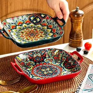 Boho Floral Ceramic Dinnerware Set, 4-Piece Glazed Bowls & Plates, Vintage Luxury Home Decor, Oven Microwave Dishwasher Safe, Perfect for Gifts