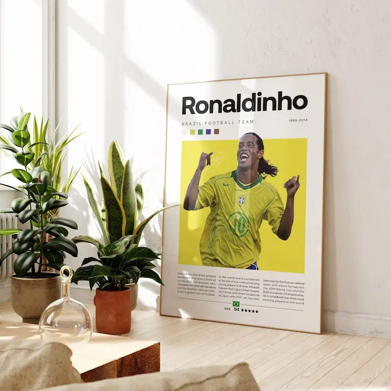Ronaldinho Poster, Brazil Football Poster, Soccer Gifts, Sports Poster, Football Player Poster, Soccer Wall Art, Sports Bedroom Posters