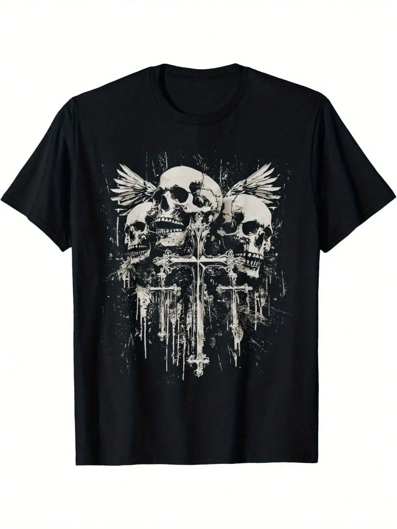 Men's Regular-Fit Round Neck Casual T-shirt - Black Gothic Skull Cross Heavy Metal Pattern, Soft Elastic Cotton Top for Concert, Halloween Dress Up