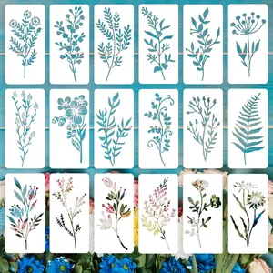 Flower and Leaf Stencils for Painting, 18 count 6 x 3 Inch Plastic Botanical Stencils for Crafts , Small Floral Drawing Templates for Painting on  Wall Canvas, Card Making &  Decor
